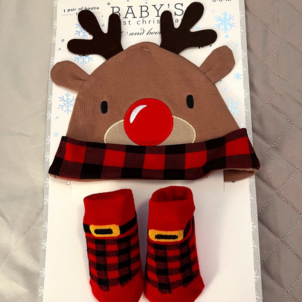 NWT - Rudolph Hat and Booties Set - 0-6 Months